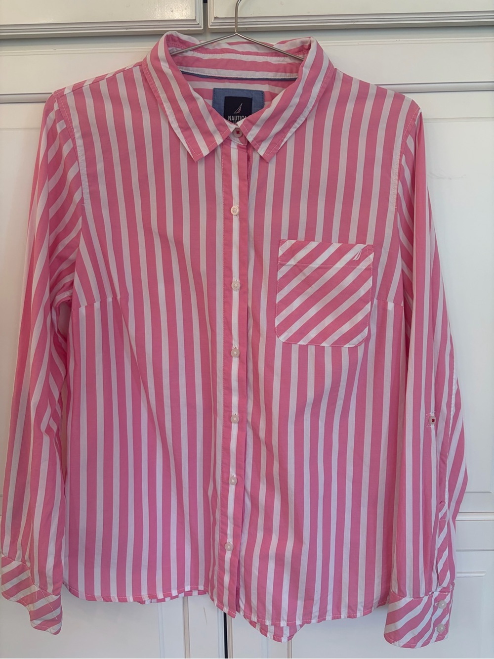 Nautica Pink and White Striped Button-Down Shirt with Blue Label size large